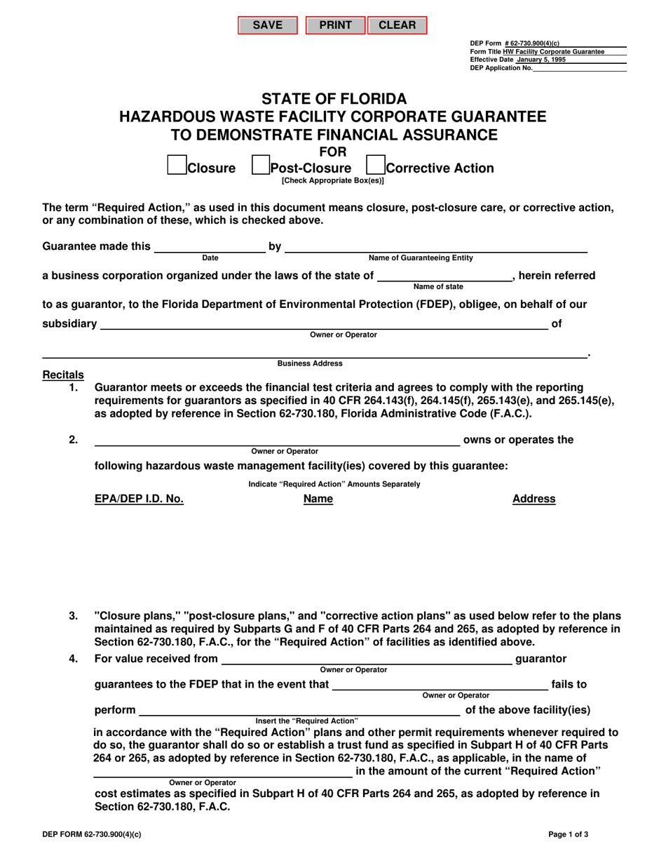 DEP Form 62-730.900(4)(C) Hazardous Waste Facility Corporate Guarantee to Demonstrate Financial Assurance - Florida, Page 1