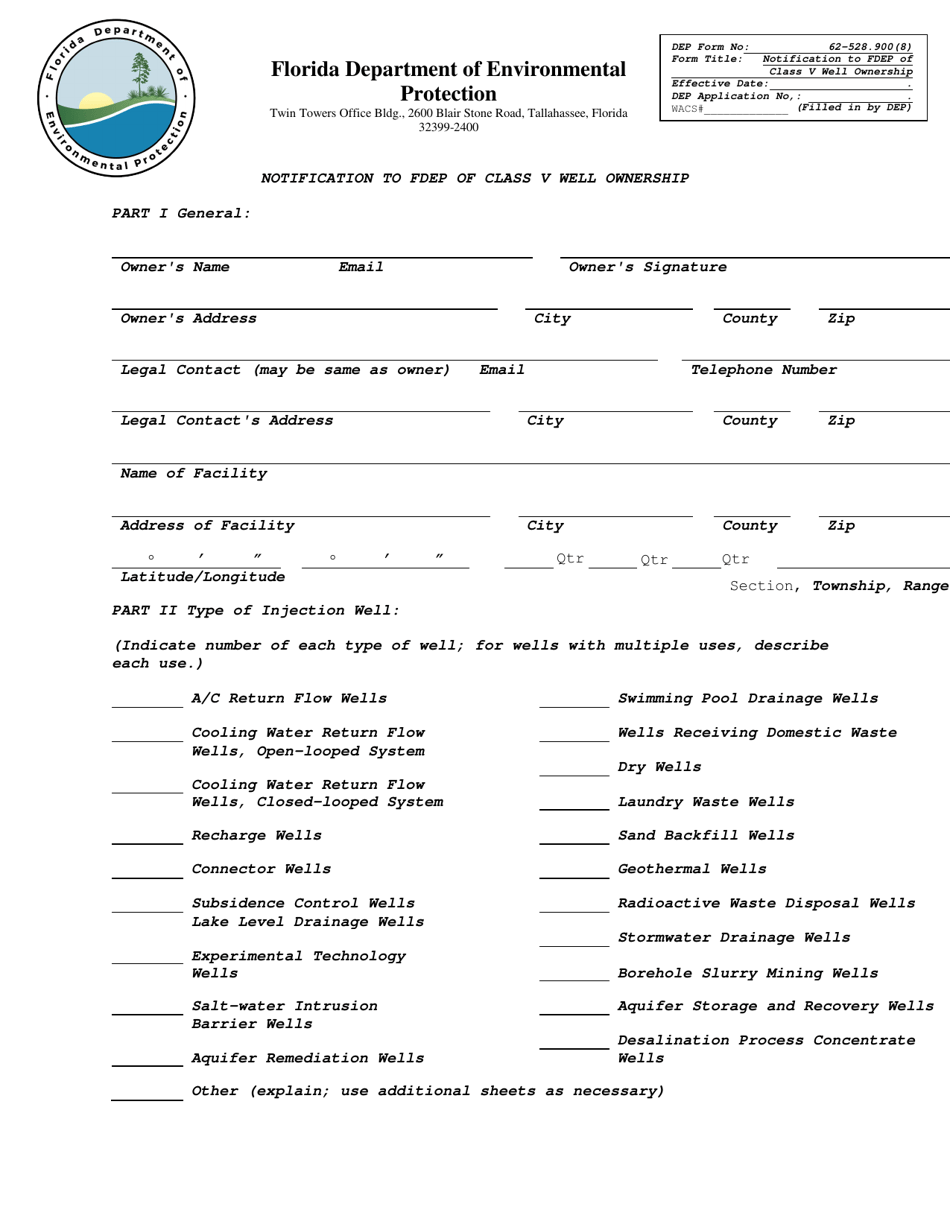 DEP Form 62-528.900(8) Notification to Fdep of Class V Well Ownership - Florida, Page 1