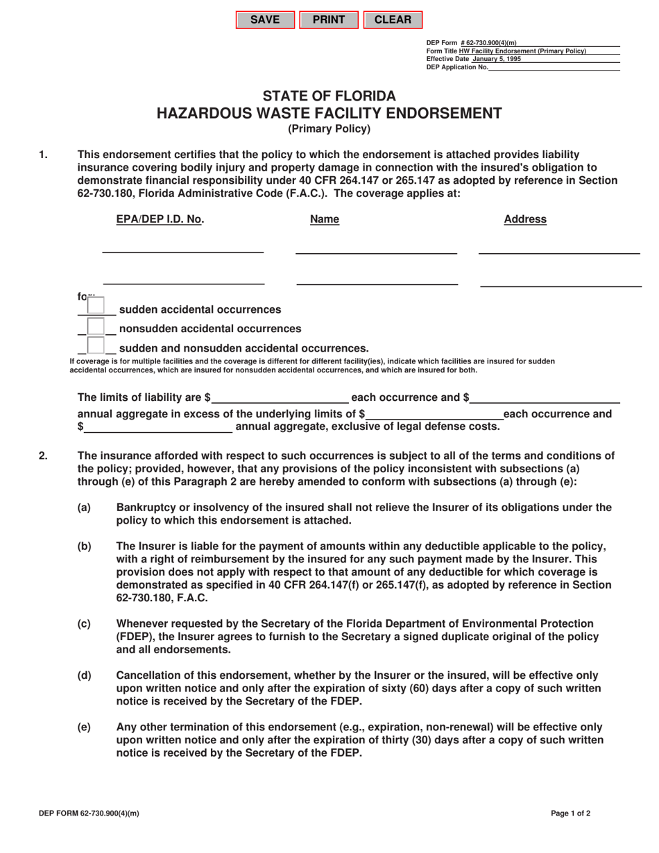 DEP Form 62-730.900(4)(M) Hazardous Waste Facility Endorsement (Primary Policy) - Florida, Page 1