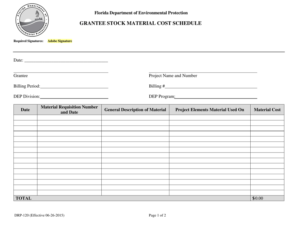 Form DRP-120 Grantee Stock Material Cost Schedule - Florida, Page 1