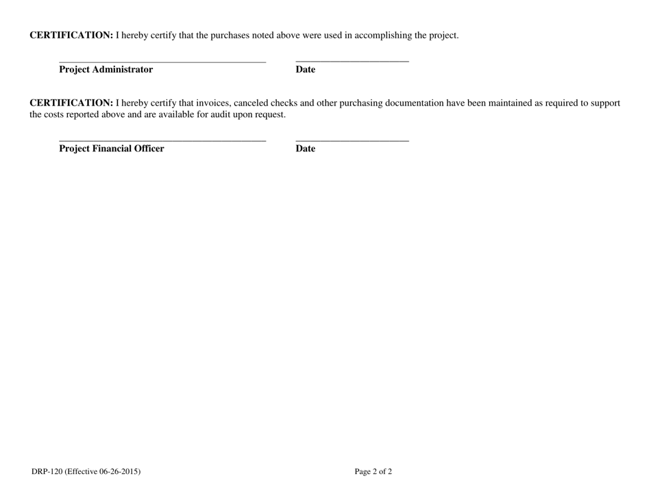Form DRP-120 Grantee Stock Material Cost Schedule - Florida, Page 2