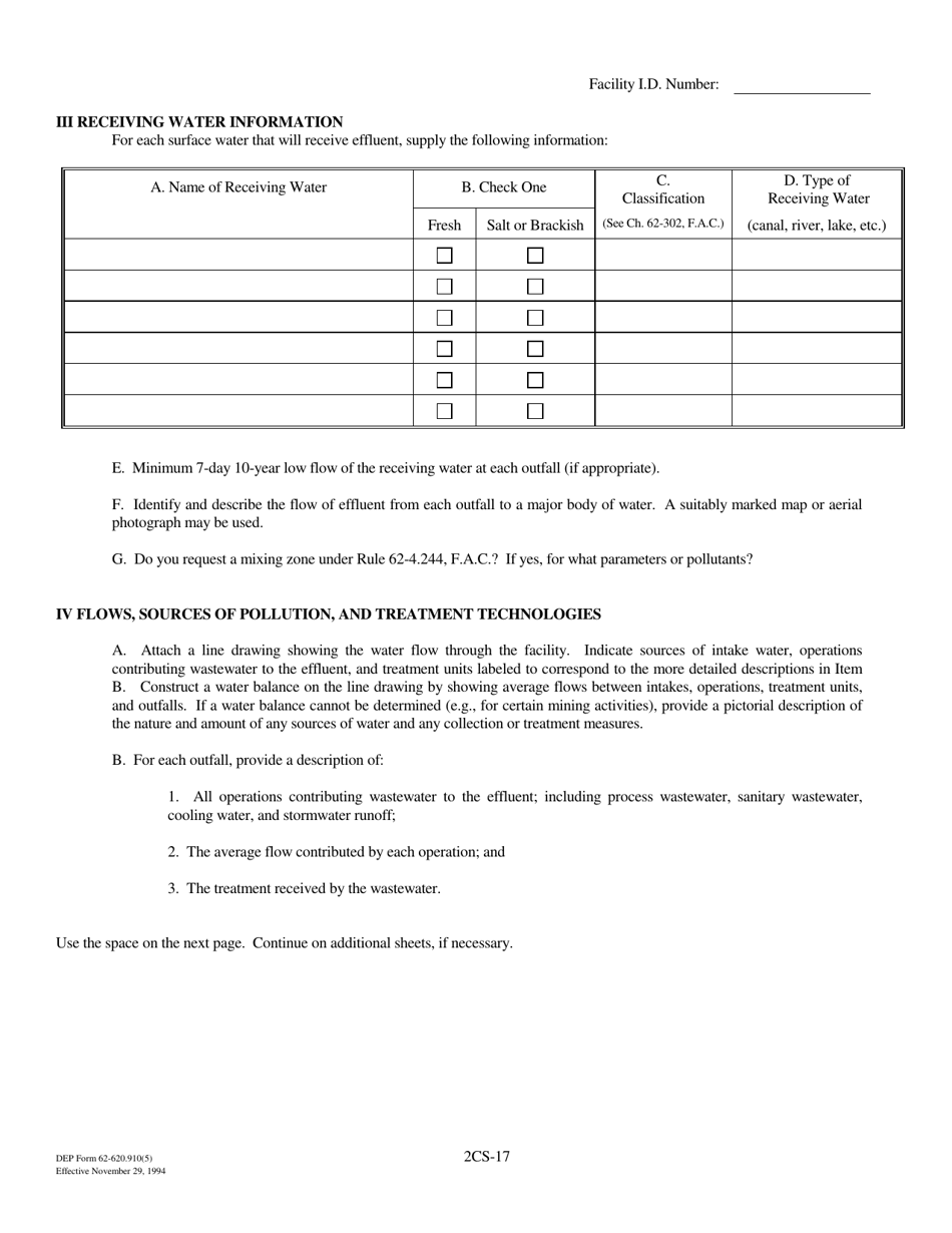 DEP Form 62-620.910(5) (2CS) Wastewater Application for Permit to Discharge Process Wastewater From New or Existing Industrial Wastewater Facilities to Surface Waters - Florida, Page 17