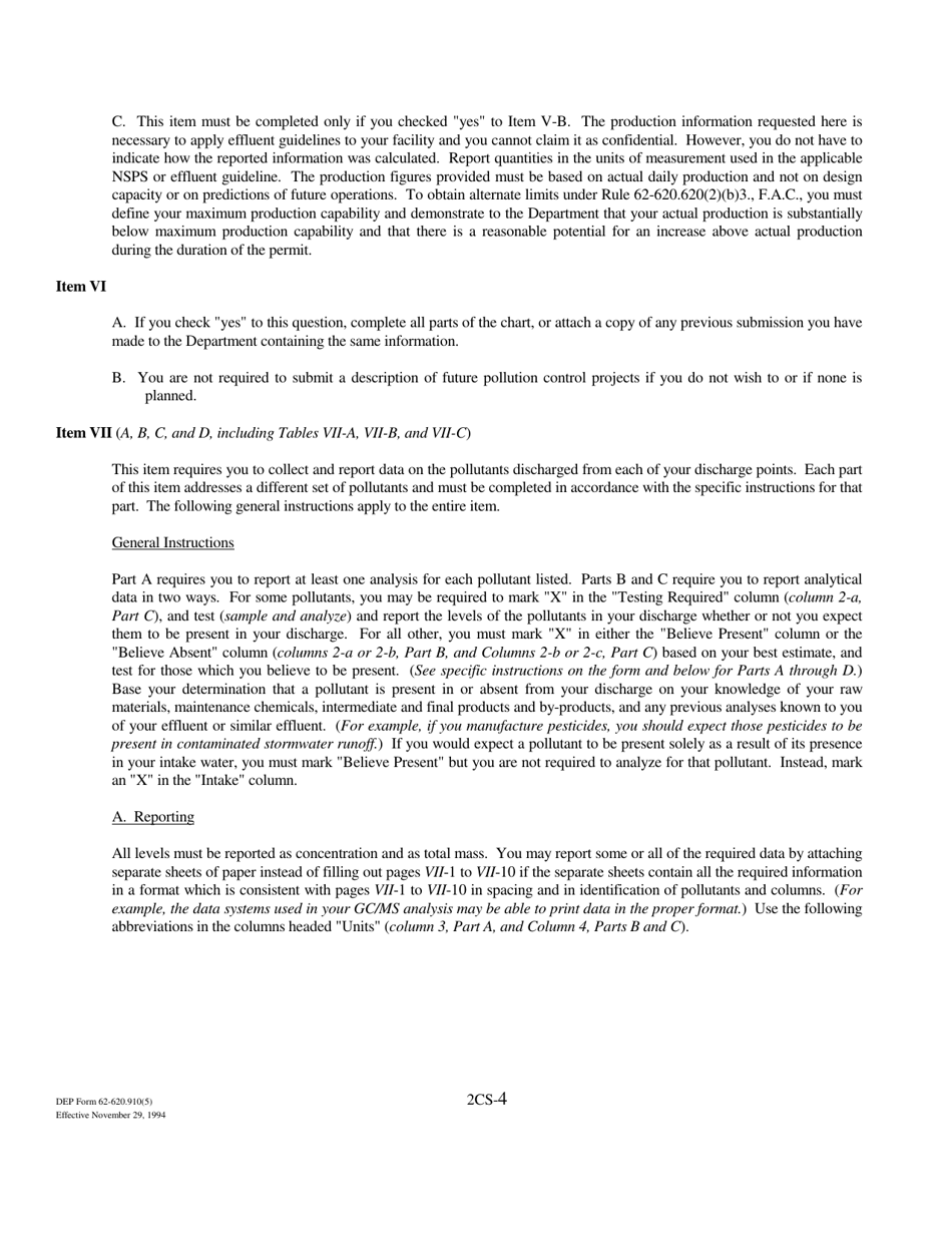 DEP Form 62-620.910(5) (2CS) Wastewater Application for Permit to Discharge Process Wastewater From New or Existing Industrial Wastewater Facilities to Surface Waters - Florida, Page 4