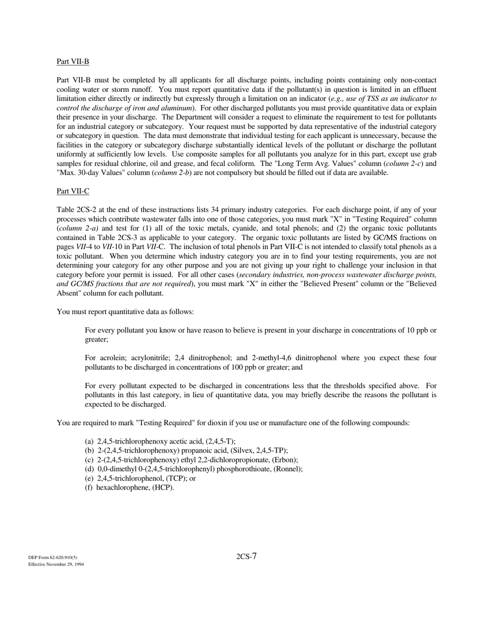 DEP Form 62-620.910(5) (2CS) Wastewater Application for Permit to Discharge Process Wastewater From New or Existing Industrial Wastewater Facilities to Surface Waters - Florida, Page 7