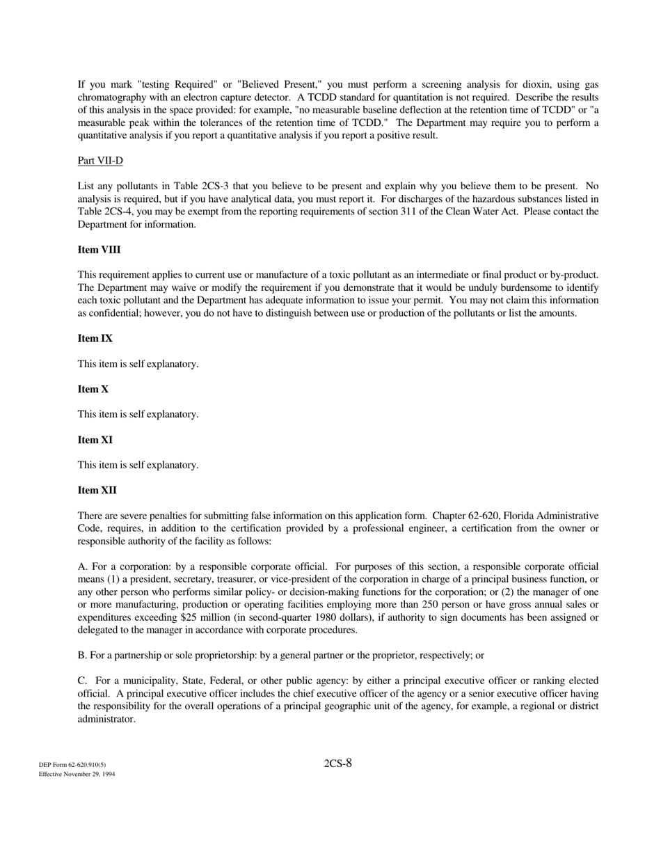 DEP Form 62-620.910(5) (2CS) Wastewater Application for Permit to Discharge Process Wastewater From New or Existing Industrial Wastewater Facilities to Surface Waters - Florida, Page 8