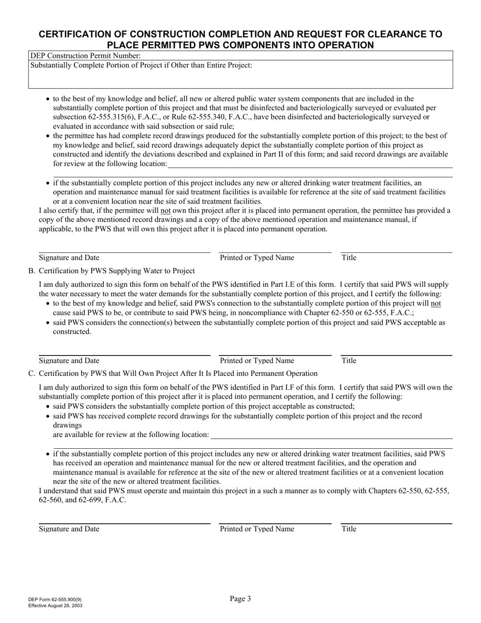 DEP Form 62-555.900(9) Certification of Construction Completion and Request for Clearance to Place Permitted Pws Components Into Operation - Florida, Page 3