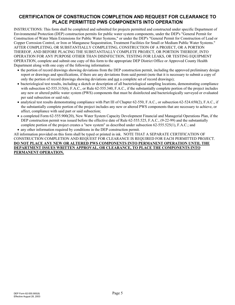 DEP Form 62-555.900(9) Certification of Construction Completion and Request for Clearance to Place Permitted Pws Components Into Operation - Florida, Page 5