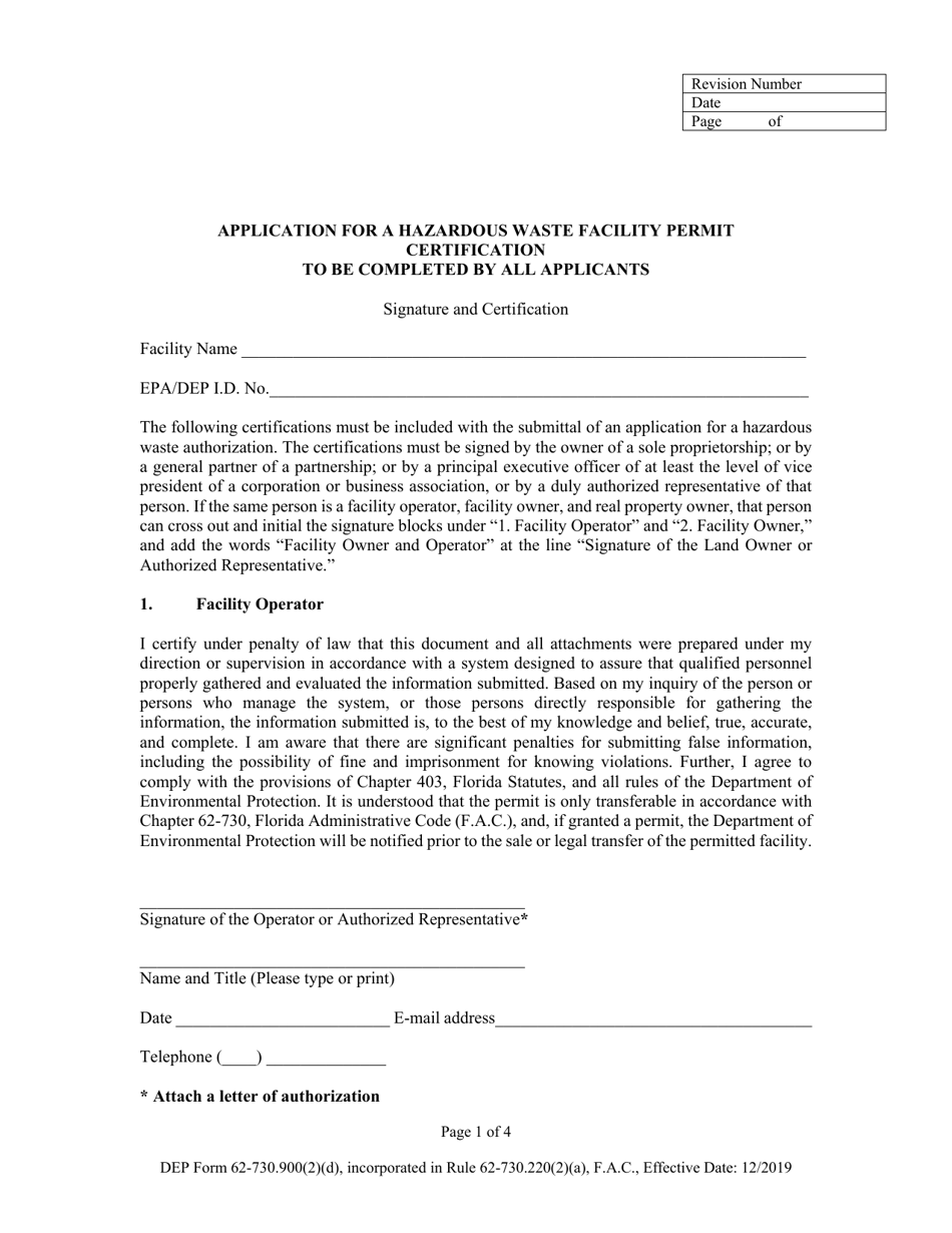 DEP Form 62-730.900(2)(D) Application for a Hazardous Waste Facility Permit Certification - Florida, Page 1