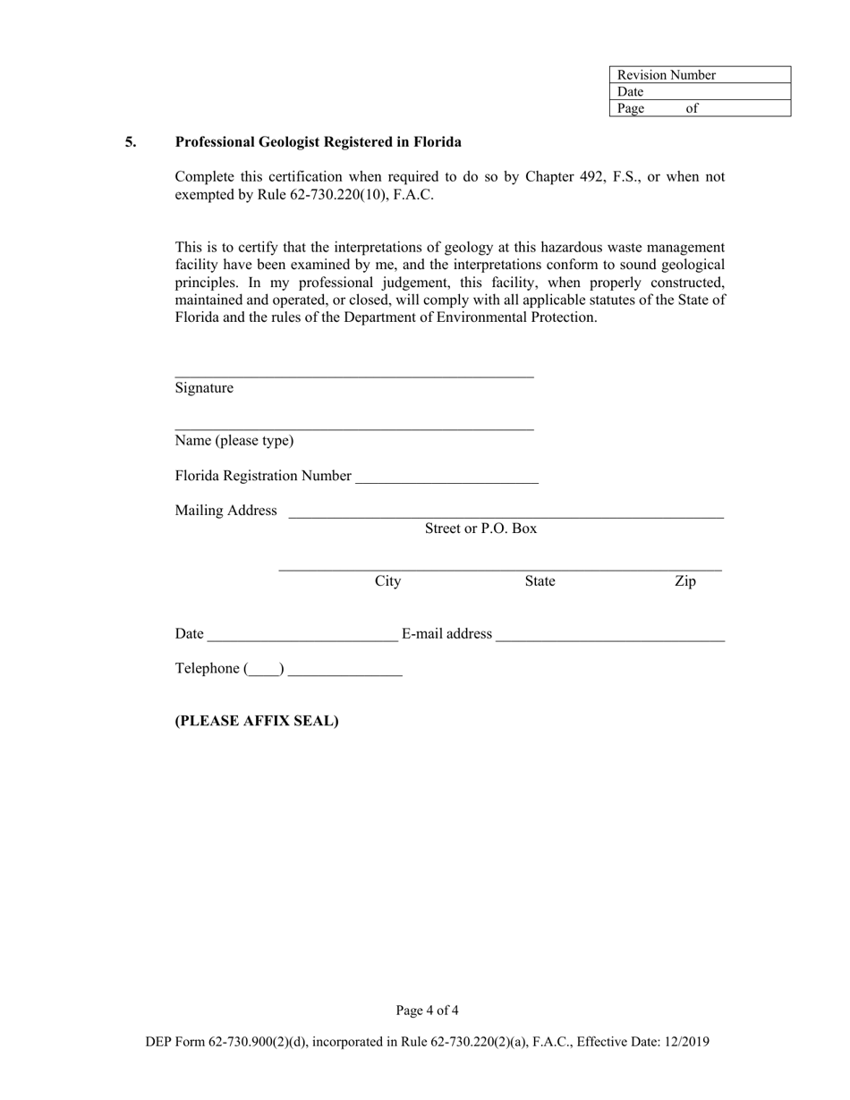 DEP Form 62-730.900(2)(D) Application for a Hazardous Waste Facility Permit Certification - Florida, Page 4