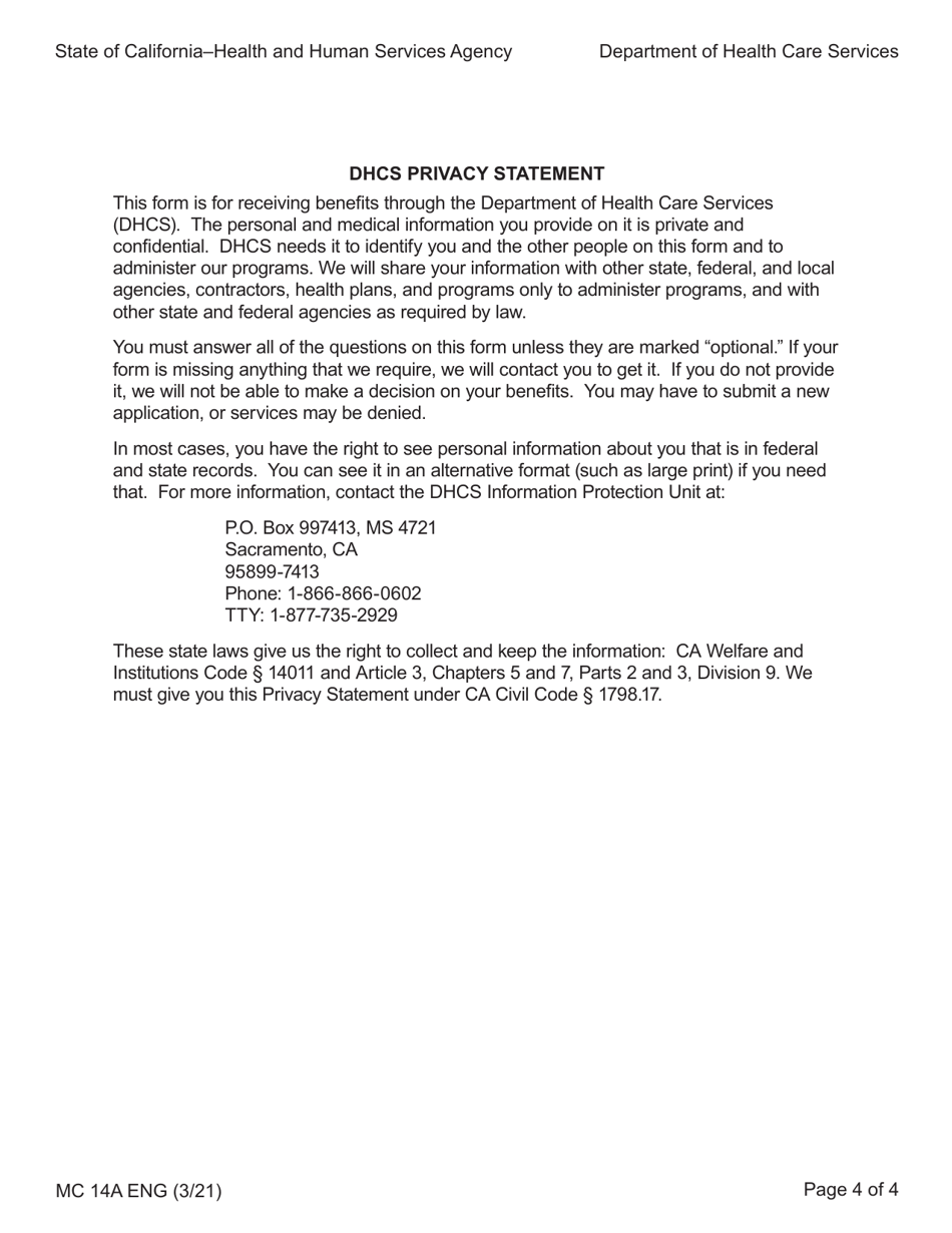Form MC14A Qualified Low-Income Medicare Beneficiary (Qmb), Specified Low-Income Medicare Beneficiary (Slmb), and Qualifying Individuals(Qi) Application - California, Page 4