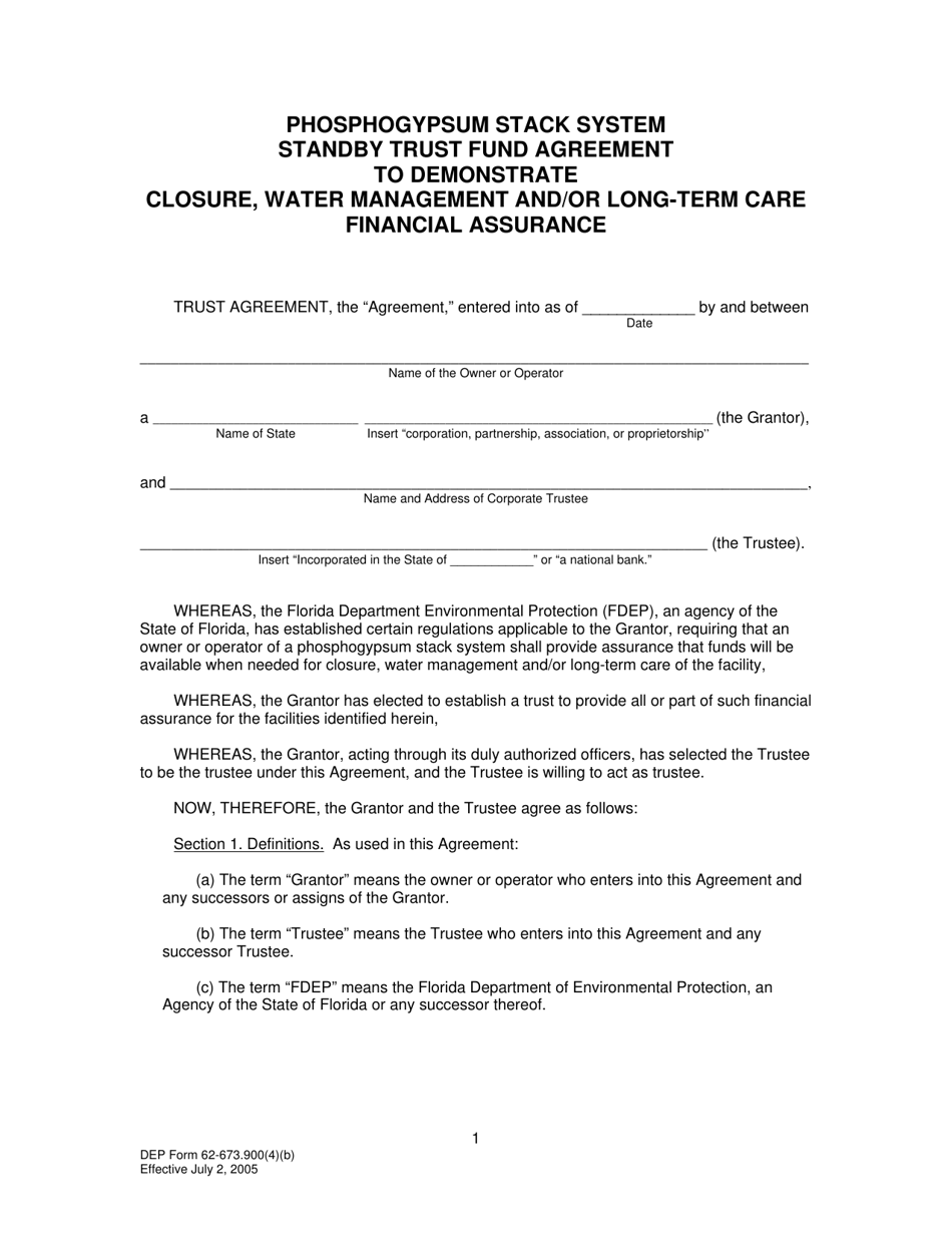 DEP Form 62-673.900(4)(B) Phosphogypsum Stack System Standby Trust Fund Agreement to Demonstrate Closure, Water Management and/or Long-Term Care Financial Assurance - Florida, Page 1