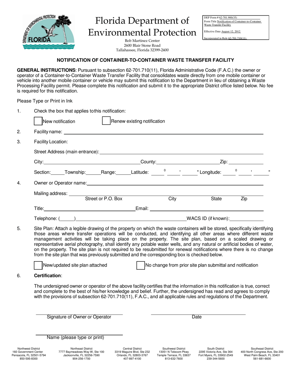 DEP Form 62-701.900(35) Notification of Container-To-Container Waste Transfer Facility - Florida, Page 1