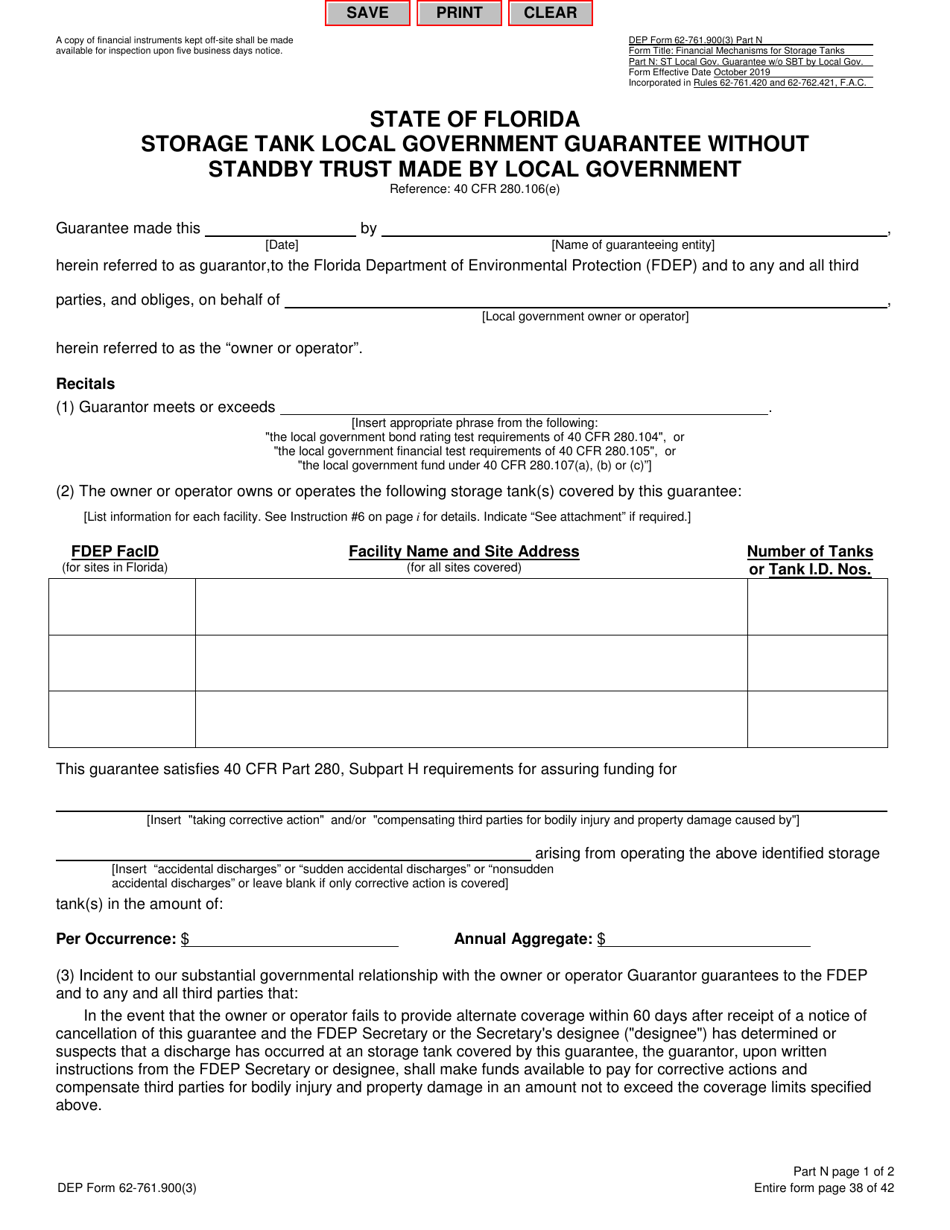 DEP Form 62-761.900(3) Part N Storage Tank Local Government Guarantee Without Standby Trust Made by Local Government - Florida, Page 1