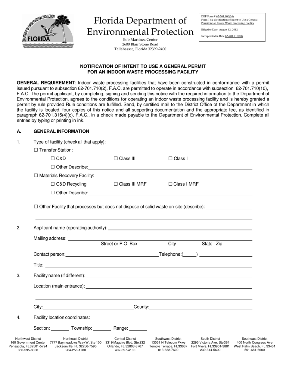 DEP Form 62-701.900(34) Notification of Intent to Use a General Permit for an Indoor Waste Processing Facility - Florida, Page 1
