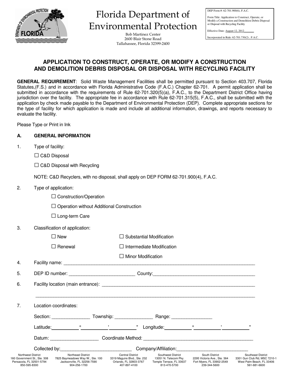DEP Form 62-701.900(6) Application to Construct, Operate, or Modify a Construction and Demolition Debris Disposal or Disposal With Recycling Facility - Florida, Page 1