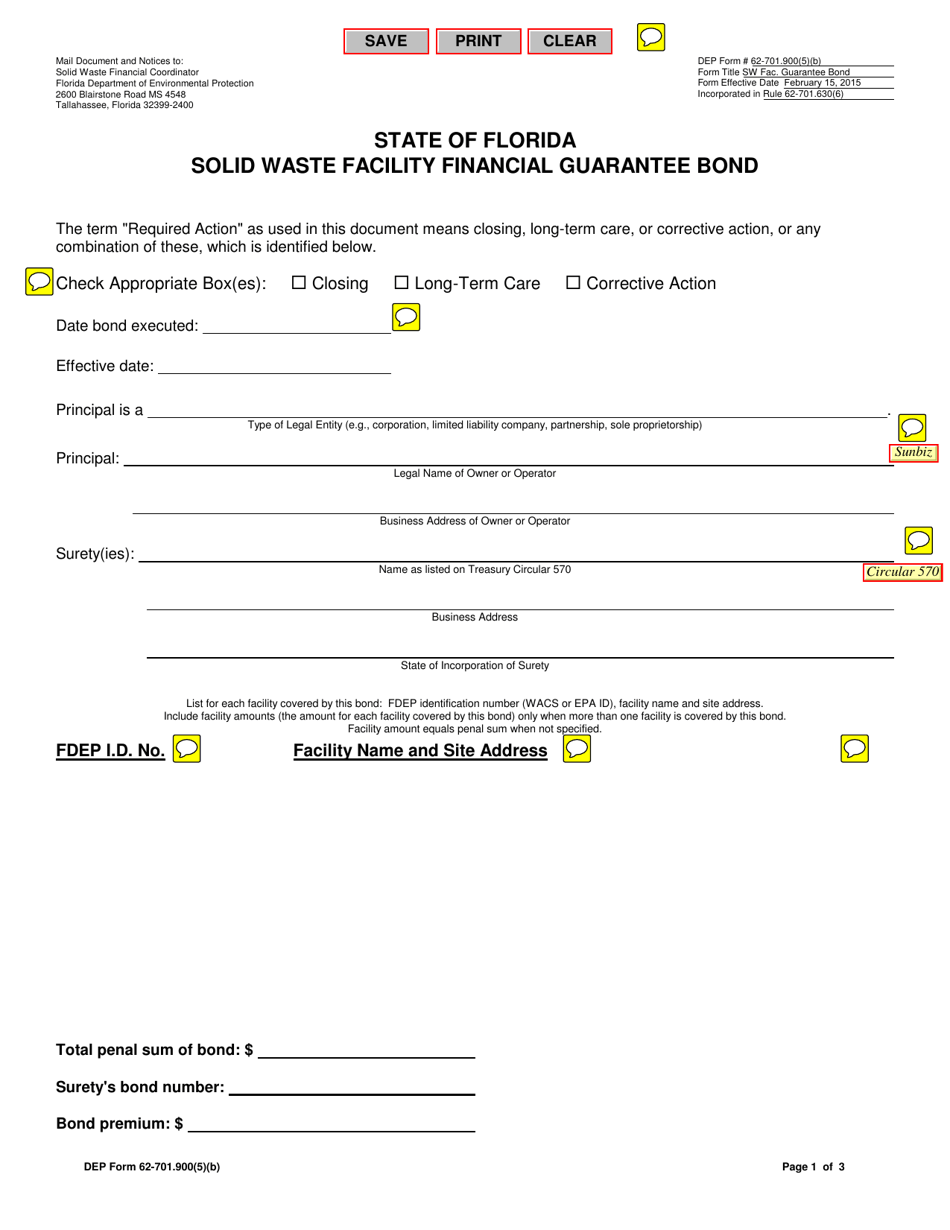 DEP Form 62-701.900(5)(B) Solid Waste Facility Financial Guarantee Bond - Florida, Page 1