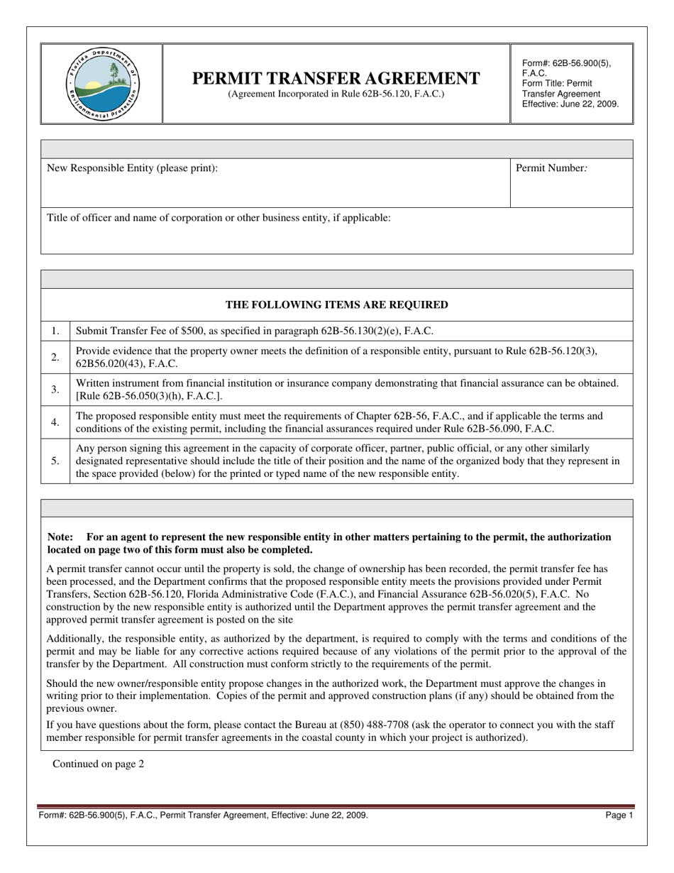 Form 62B-56.900(5) Permit Transfer Agreement - Florida, Page 1