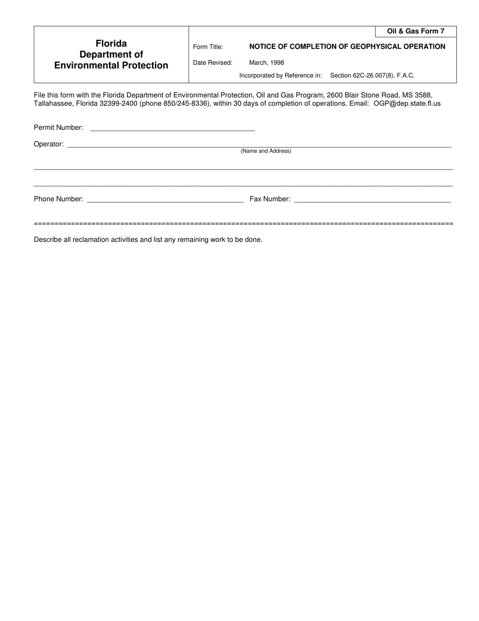 OilGas Form 7 Notice of Completion of Geophysical Operation - Florida, Page 1