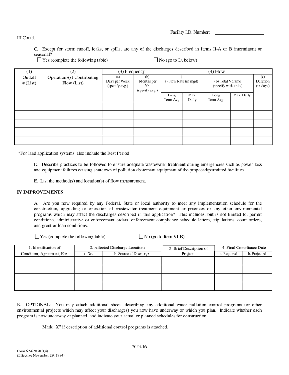 DEP Form 62-620.910(4) (2CG) Wastewater Application for Permit to Discharge Process Wastewater From New or Existing Industrial Wastewater Facilities to Ground Water - Florida, Page 16