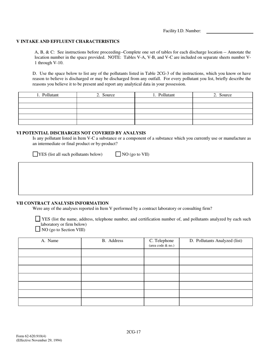 DEP Form 62-620.910(4) (2CG) Wastewater Application for Permit to Discharge Process Wastewater From New or Existing Industrial Wastewater Facilities to Ground Water - Florida, Page 17