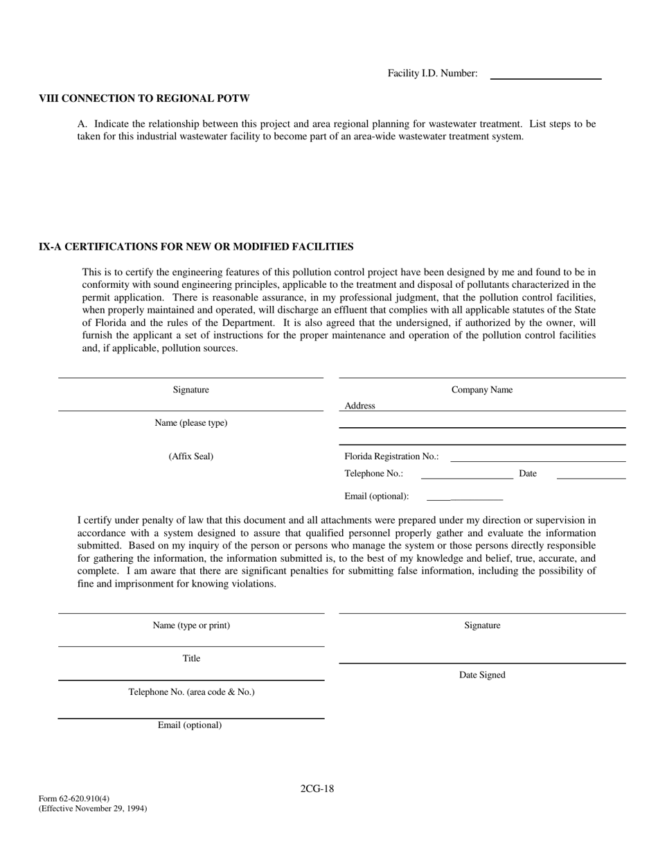 DEP Form 62-620.910(4) (2CG) Wastewater Application for Permit to Discharge Process Wastewater From New or Existing Industrial Wastewater Facilities to Ground Water - Florida, Page 18