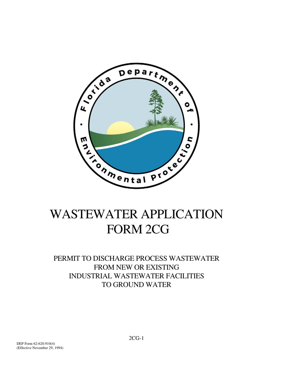 DEP Form 62-620.910(4) (2CG) Wastewater Application for Permit to Discharge Process Wastewater From New or Existing Industrial Wastewater Facilities to Ground Water - Florida, Page 1