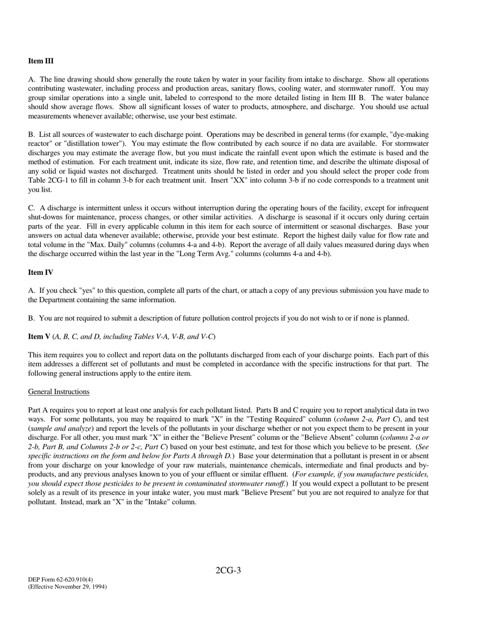 DEP Form 62-620.910(4) (2CG) Wastewater Application for Permit to Discharge Process Wastewater From New or Existing Industrial Wastewater Facilities to Ground Water - Florida, Page 3