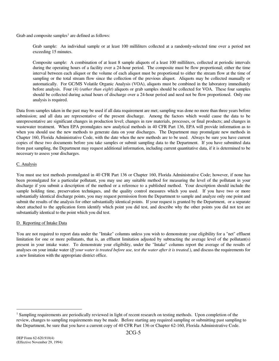 DEP Form 62-620.910(4) (2CG) Wastewater Application for Permit to Discharge Process Wastewater From New or Existing Industrial Wastewater Facilities to Ground Water - Florida, Page 5