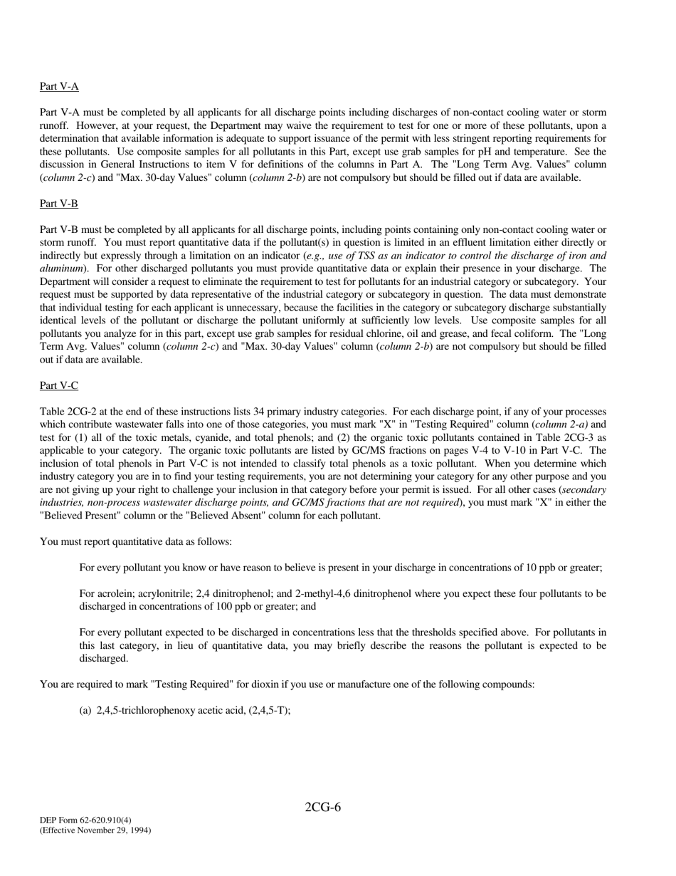 DEP Form 62-620.910(4) (2CG) Wastewater Application for Permit to Discharge Process Wastewater From New or Existing Industrial Wastewater Facilities to Ground Water - Florida, Page 6