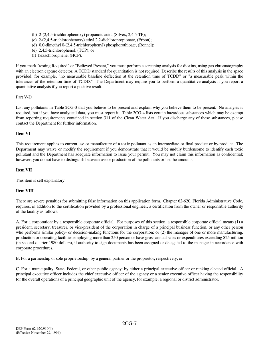 DEP Form 62-620.910(4) (2CG) Wastewater Application for Permit to Discharge Process Wastewater From New or Existing Industrial Wastewater Facilities to Ground Water - Florida, Page 7