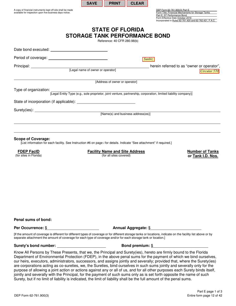 DEP Form 62-761.900(3) Part E Storage Tank Performance Bond - Florida, Page 1
