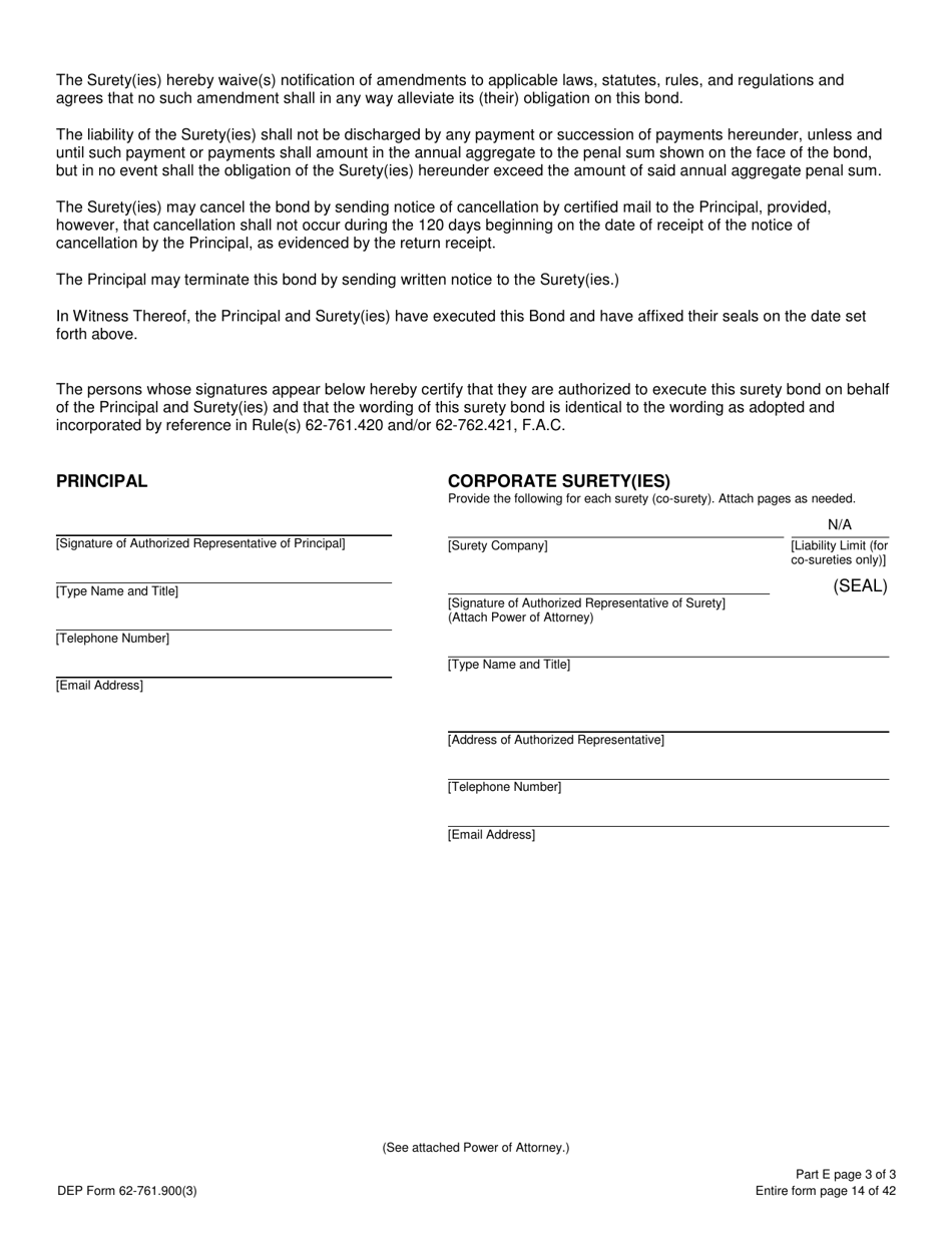 DEP Form 62-761.900(3) Part E Storage Tank Performance Bond - Florida, Page 3
