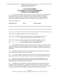 Document preview: DEP Form 62-730.900(5)(B) Hazardous Waste Transporter Liability Endorsement - Florida