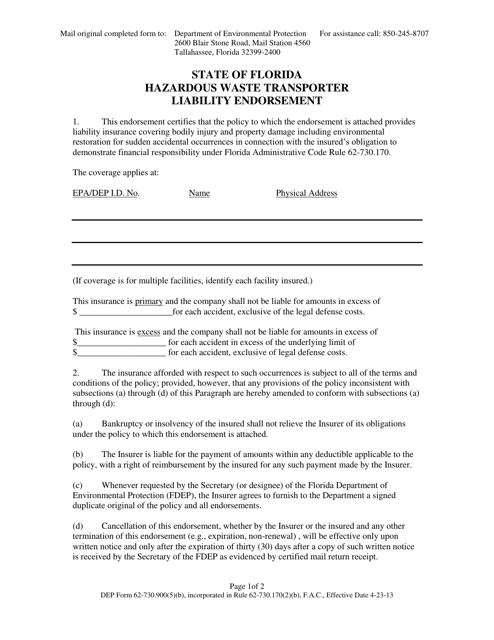 DEP Form 62-730.900(5)(B) Hazardous Waste Transporter Liability Endorsement - Florida