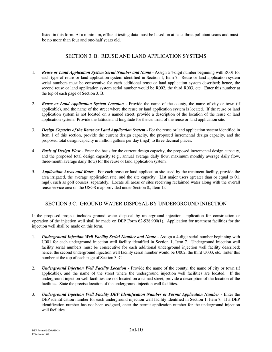 DEP Form 62-620.910(2) (2A) Wastewater Permit Application for Domestic Wastewater Facilities - Florida, Page 10