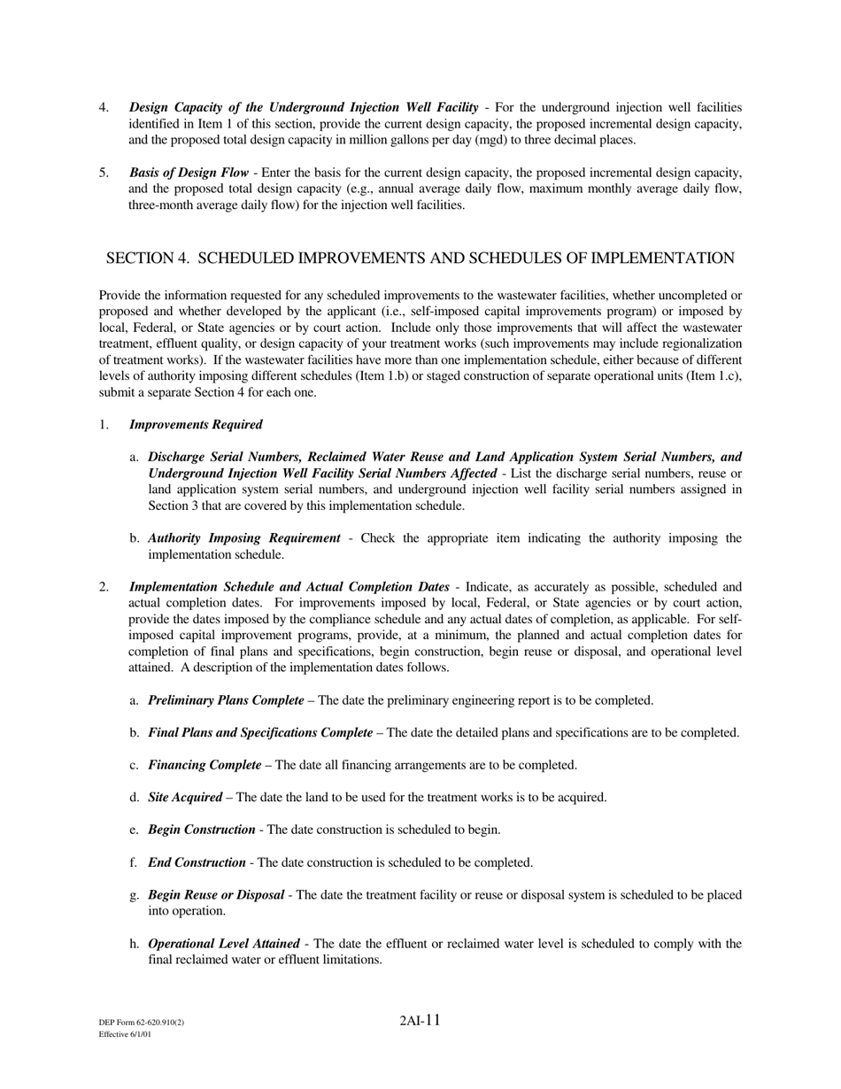 DEP Form 62-620.910(2) (2A) Wastewater Permit Application for Domestic Wastewater Facilities - Florida, Page 11