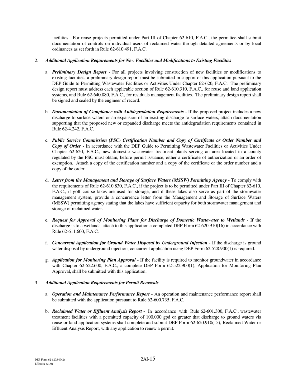 DEP Form 62-620.910(2) (2A) Wastewater Permit Application for Domestic Wastewater Facilities - Florida, Page 15