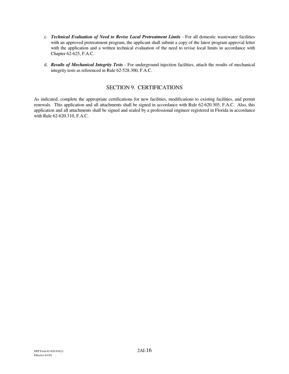 DEP Form 62-620.910(2) (2A) Wastewater Permit Application for Domestic Wastewater Facilities - Florida, Page 16