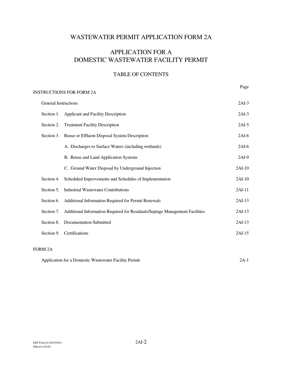 DEP Form 62-620.910(2) (2A) Wastewater Permit Application for Domestic Wastewater Facilities - Florida, Page 2