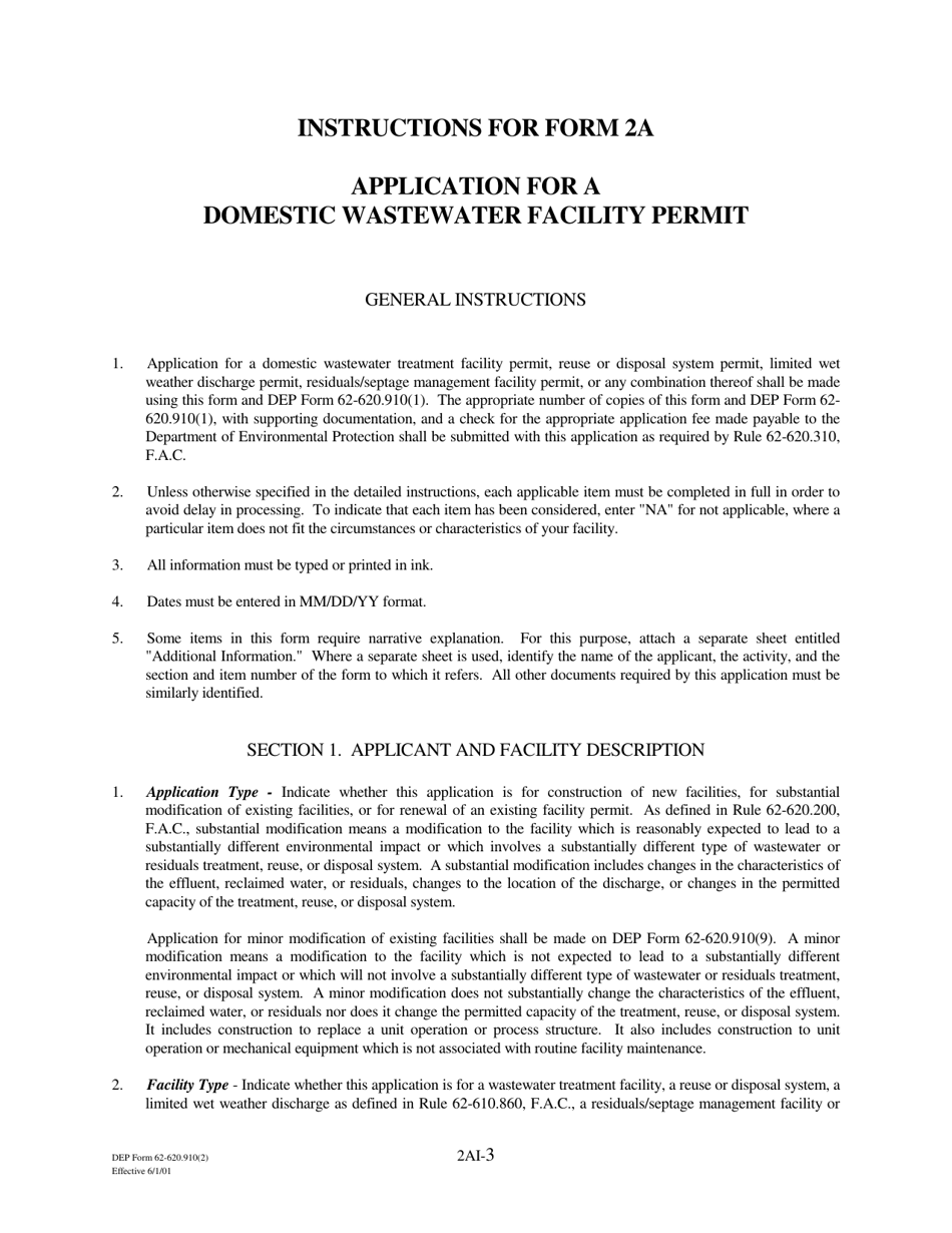 DEP Form 62-620.910(2) (2A) Wastewater Permit Application for Domestic Wastewater Facilities - Florida, Page 3