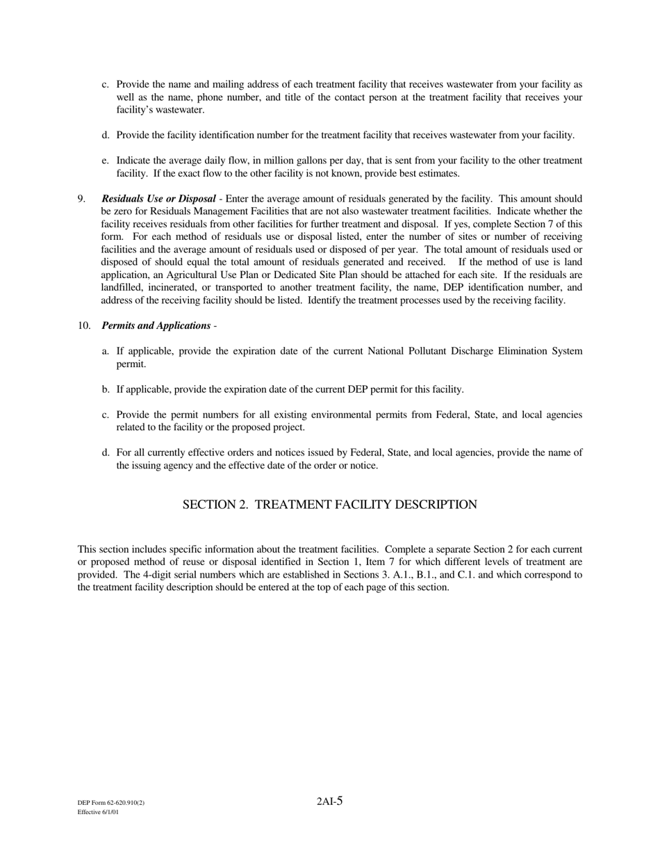 DEP Form 62-620.910(2) (2A) Wastewater Permit Application for Domestic Wastewater Facilities - Florida, Page 5