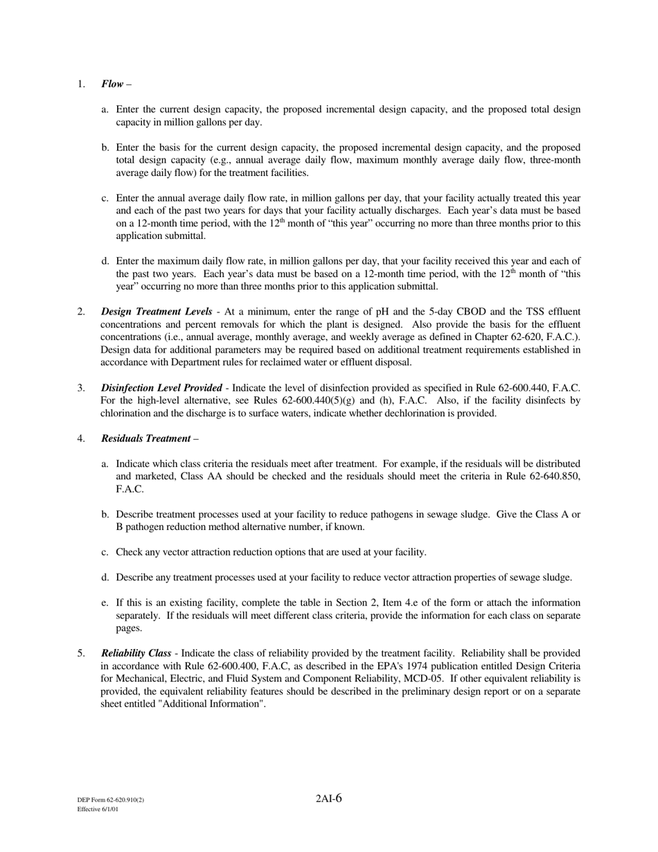 DEP Form 62-620.910(2) (2A) Wastewater Permit Application for Domestic Wastewater Facilities - Florida, Page 6
