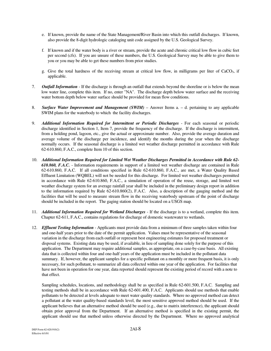 DEP Form 62-620.910(2) (2A) Wastewater Permit Application for Domestic Wastewater Facilities - Florida, Page 8