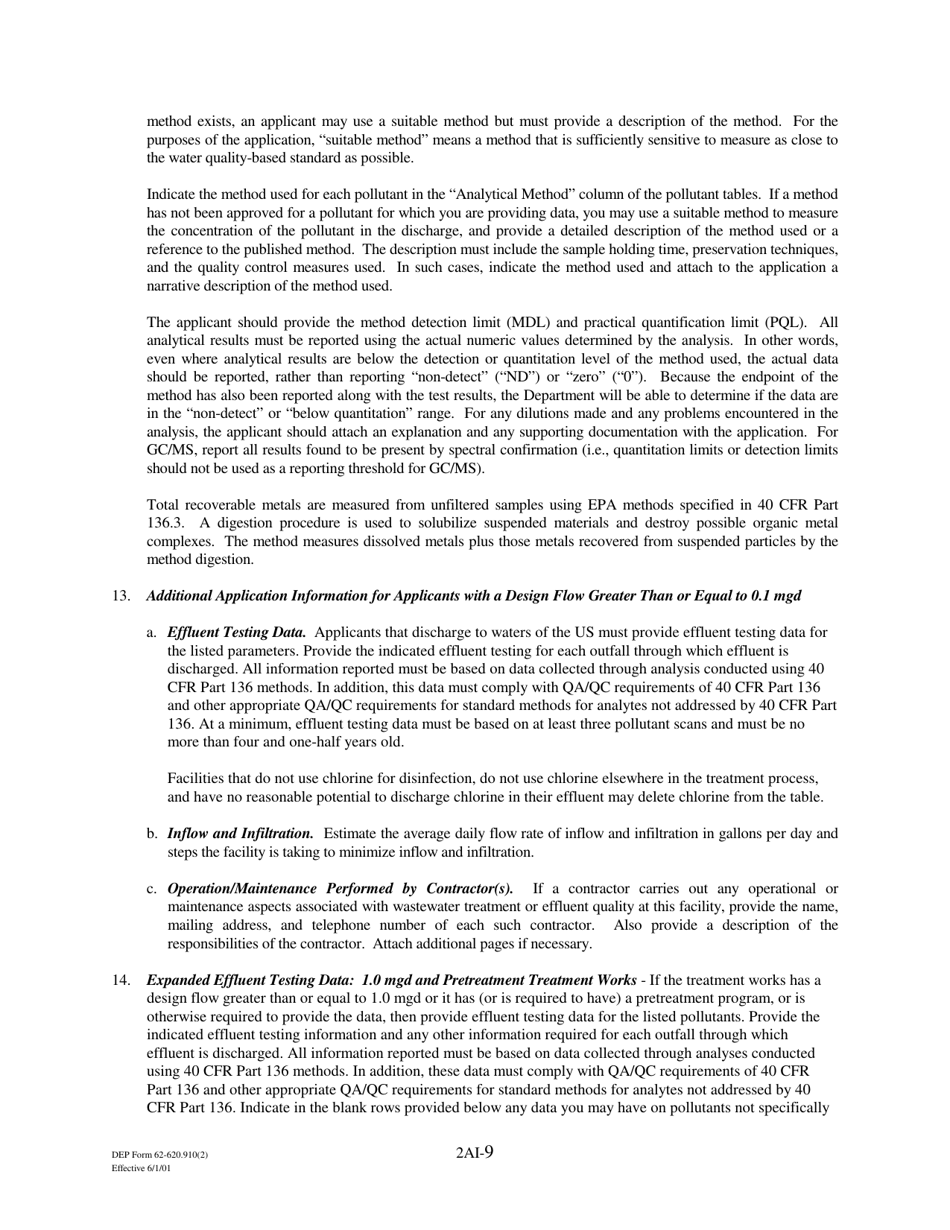 DEP Form 62-620.910(2) (2A) Wastewater Permit Application for Domestic Wastewater Facilities - Florida, Page 9