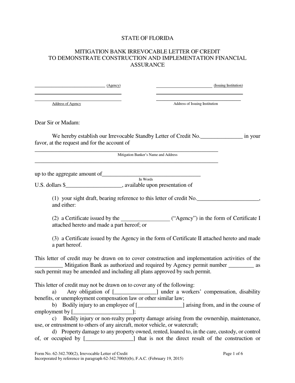 Form 62-342.700(2) Mitigation Bank Irrevocable Letter of Credit to Demonstrate Construction and Implementation Financial Assurance - Florida, Page 1