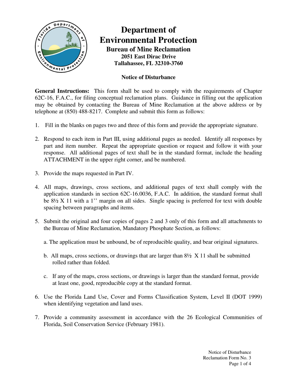 Reclamation Form 3 Notice of Disturbance - Florida, Page 1