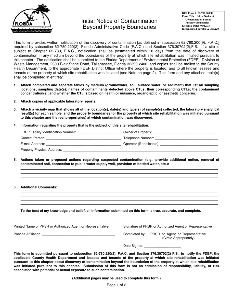 DEP Form 62-780.900(1) Initial Notice of Contamination Beyond Property Boundaries - Florida, Page 1