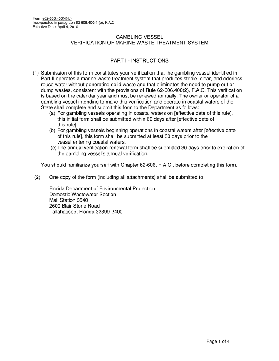 Form 62-606.400(4)(B) Gambling Vessel Verification of Marine Waste Treatment System - Florida, Page 1