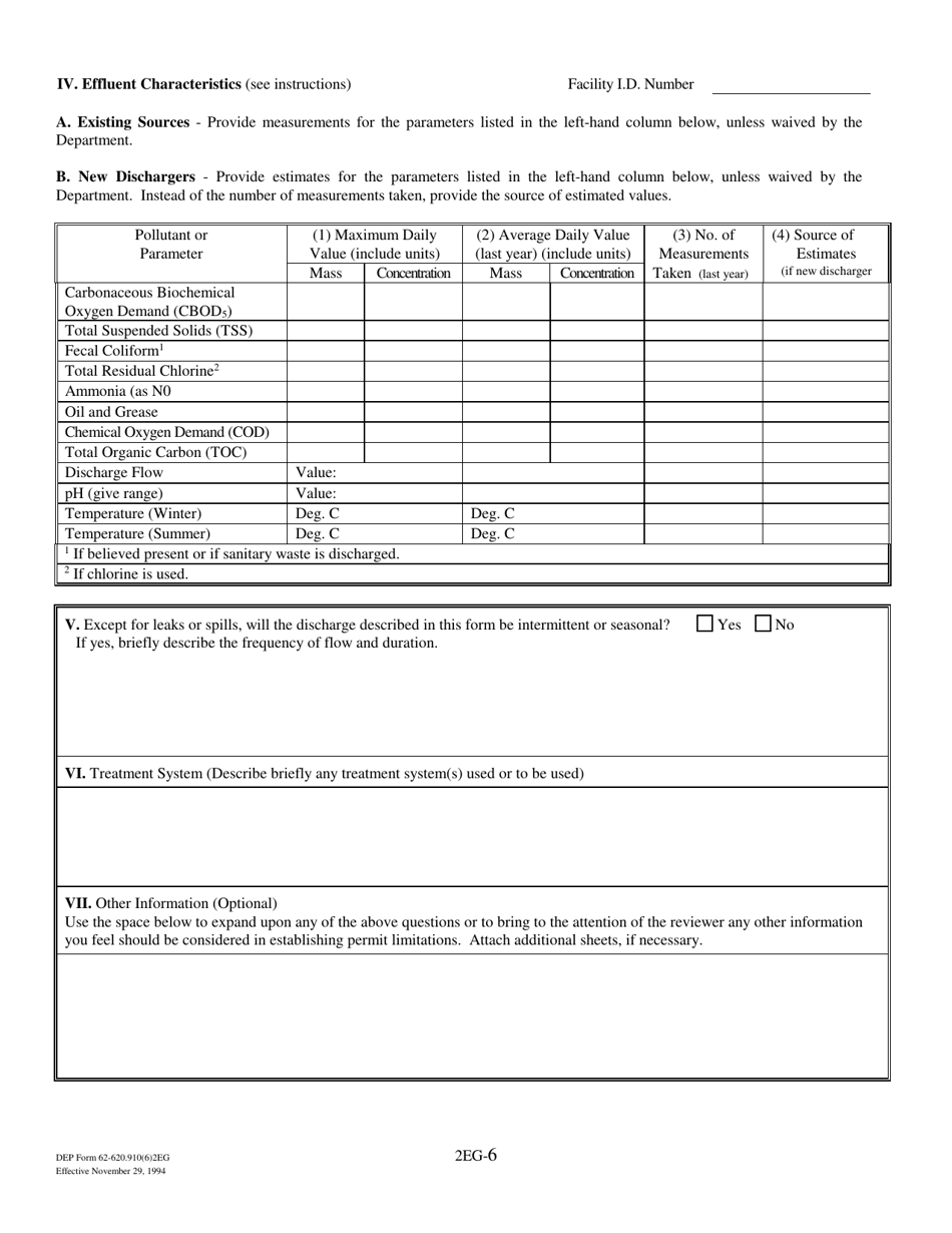 DEP Form 62-620.910(6) (2EG) Application for Permit to Discharge Non-process Wastewater to Ground Waters - Florida, Page 6