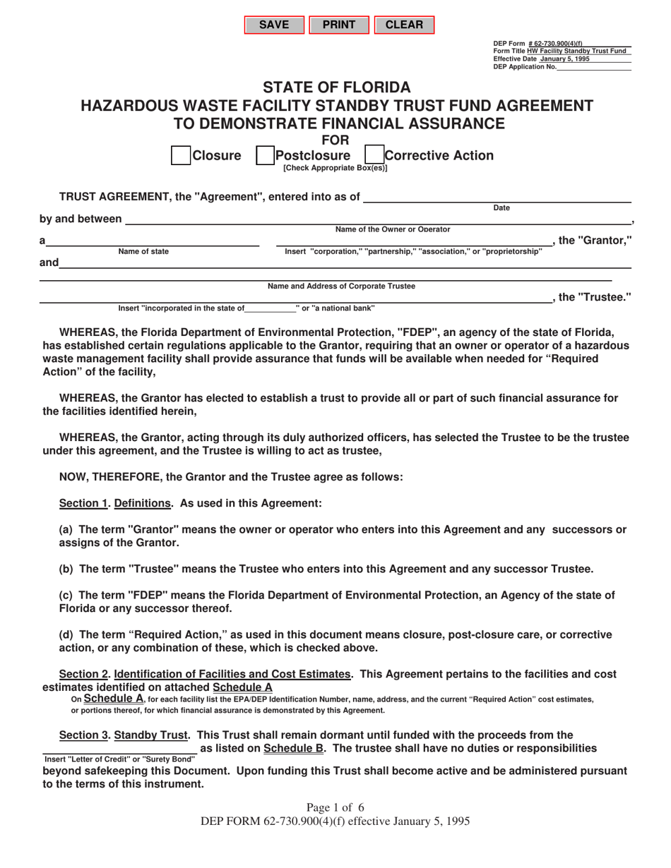 DEP Form 62-730.900(4)(F) Hazardous Waste Facility Standby Trust Fund Agreement to Demonstrate Financial Assurance - Florida, Page 1